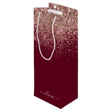 Burgundy Rose Gold Blush Pink Glitter Monogram Wine Gift Bag