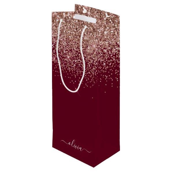 Burgundy Rose Gold Blush Pink Glitter Monogram Wine Gift Bag