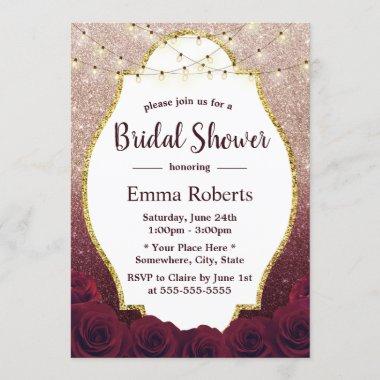 Burgundy & Rose Gold Ombre Glitter Bridal Shower Invitations