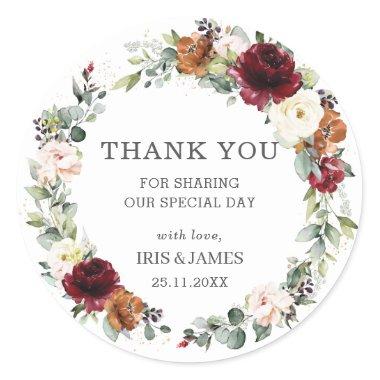 Burgundy Rust Ivory Floral Wedding Favor Thank You Classic Round Sticker