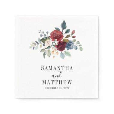 Burgundy Rustic Floral Custom Wedding Cocktail Napkins