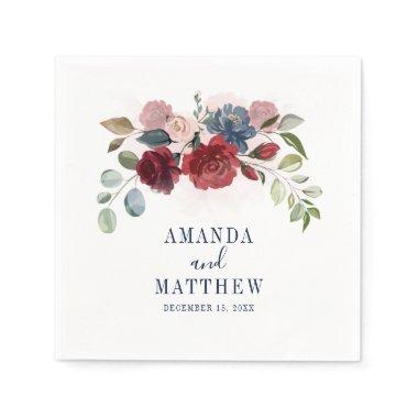 Burgundy Rustic Floral Custom Wedding Paper Napkins