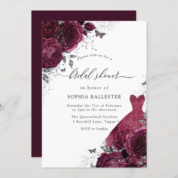 Burgundy Silver Dress & Floral Roses Bridal Shower Invitations