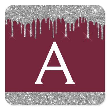Burgundy Silver Sparkle Glitter Monogram Square Sticker