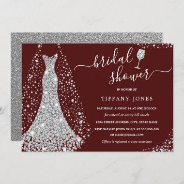 Burgundy Silver Wedding Dress Bridal Shower Invitations