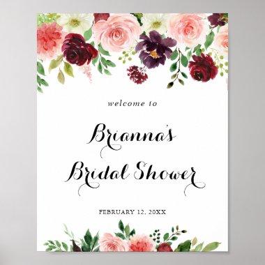 Burgundy Spring Floral Bridal Shower Welcome Poster