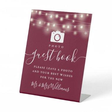 Burgundy String Lights Photo Guest Book Pedestal Sign