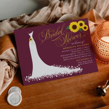 Burgundy Sunflower Wedding Gown Bridal Shower Invitations