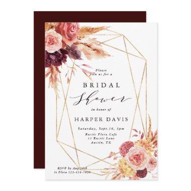 Burgundy Terracotta Flower Geometric Bridal Shower Invitations