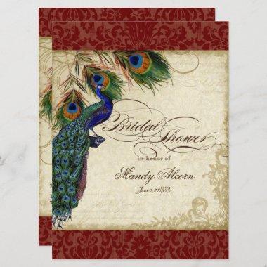 Burgundy Vintage Peacock Feathers Bridal Shower Invitations