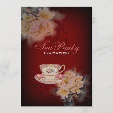 burgundy vintage peony floral Wedding tea party Invitations
