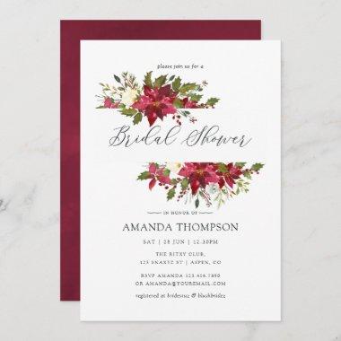 Burgundy Watercolor Floral Christmas Bridal Shower Invitations