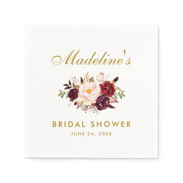 Burgundy Watercolor Floral Gold Bridal Shower Napkins
