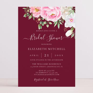 Burgundy Watercolor Floral Peony Bridal Shower Invitations