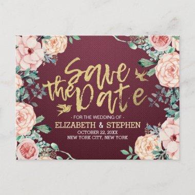 Burgundy Watercolor Floral Wedding Save the Date Announcement PostInvitations