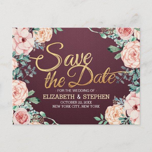 Burgundy Watercolor Floral Wedding Save the Date Announcement PostInvitations
