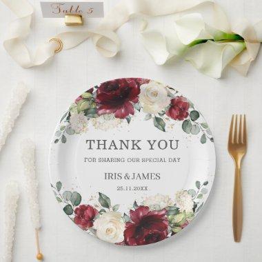 Burgundy White Floral Rose Wedding Shower Birthday Paper Plates