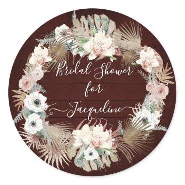 Burgundy White Rustic Wooden Floral Palm Foliage Classic Round Sticker