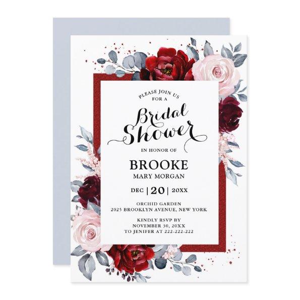 Burgundy Wine Dusty Blue Slate Bridal Shower Invitations