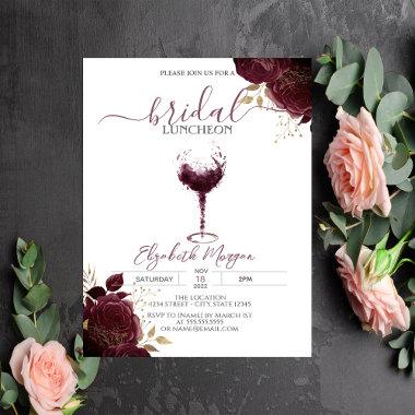 Burgundy Wine Glass Burgundy Roses Bridal Luncheon Invitations