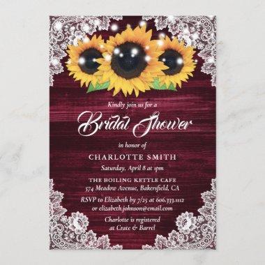 Burgundy Wood and Lace Sunflower Bridal Shower Invitations