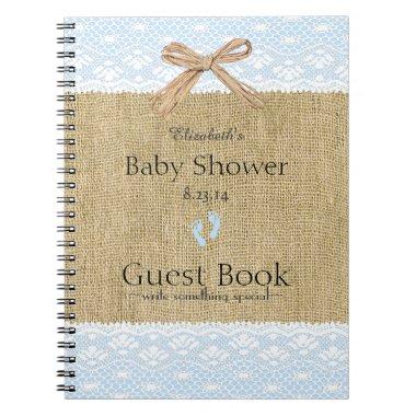 Burlap and Lace Image Blue Baby Shower Guest Book- Notebook