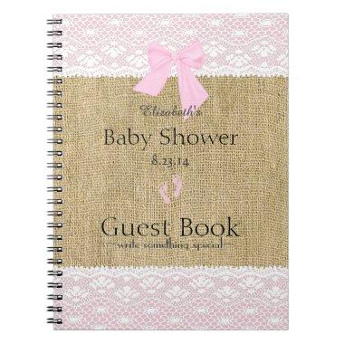 Burlap and Lace Image Pink Baby Shower Guest Book- Notebook