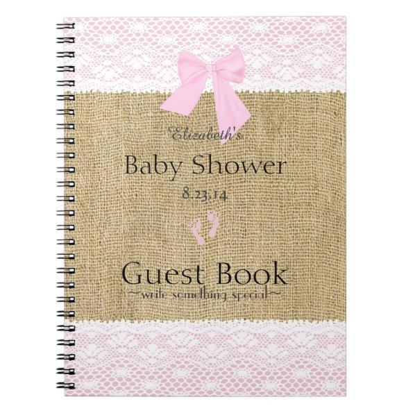 Burlap and Lace Image Pink Baby Shower Guest Book- Notebook