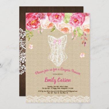 Burlap and lace pink lingerie shower bridal party Invitations