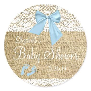 Burlap and Lace with Blue Bow Baby Shower-Favor Classic Round Sticker
