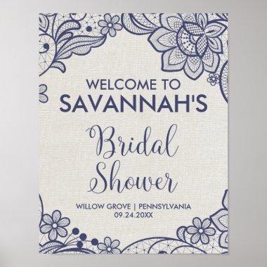 Burlap and Navy Lace Floral Bridal Shower Welcome Poster