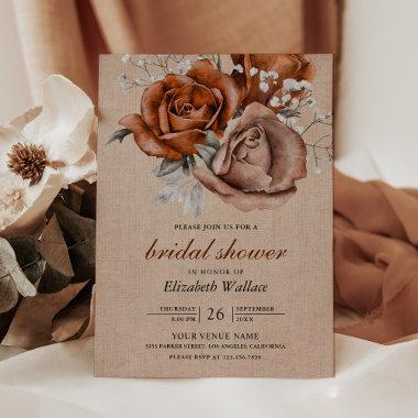 Burlap Burnt Orange Roses Terracotta Bridal Shower Invitations