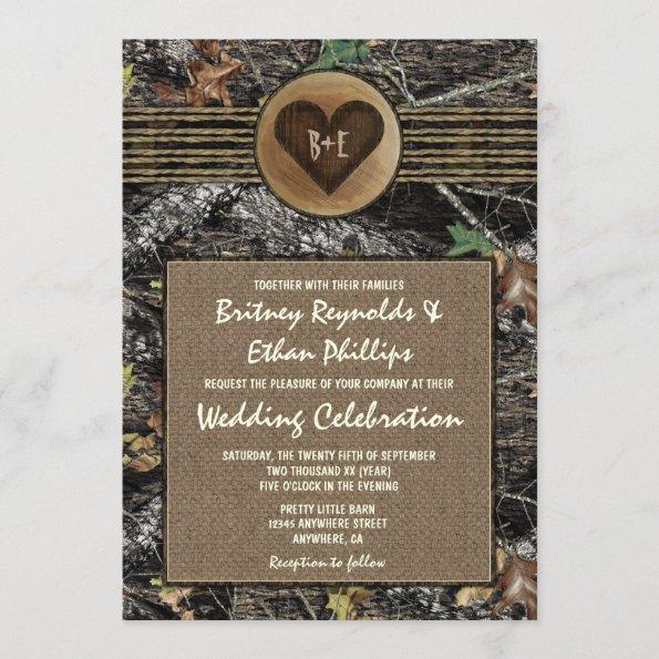 Burlap + Carved Heart Camo Wedding Invitations