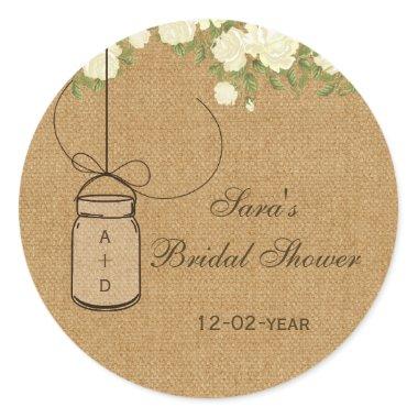 burlap ivory rose mason jar bridal shower stickers