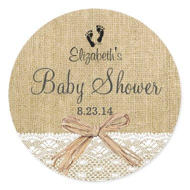 Burlap Lace and Footprints Baby Shower- Favor Classic Round Sticker