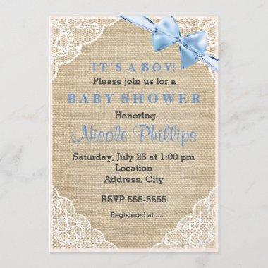Burlap Lace & Blue Bow Baby Shower Invitations