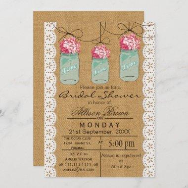 Burlap lace blue mason jar rustic bridal shower Invitations