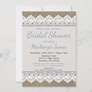 Burlap Lace Bridal Shower Invitations - Blue Rustic