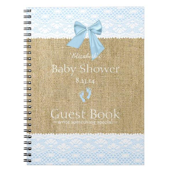 Burlap Lace Image Blue Bow Baby Shower Guest Book- Notebook