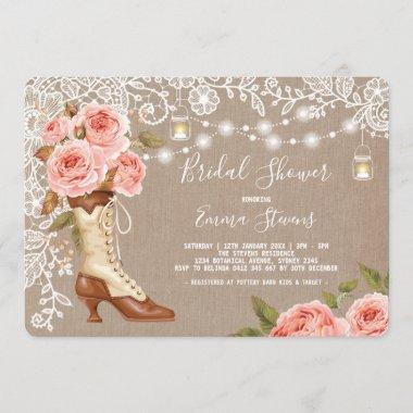 Burlap & Lace Pink Floral Bridal Shower Chic Boots Invitations