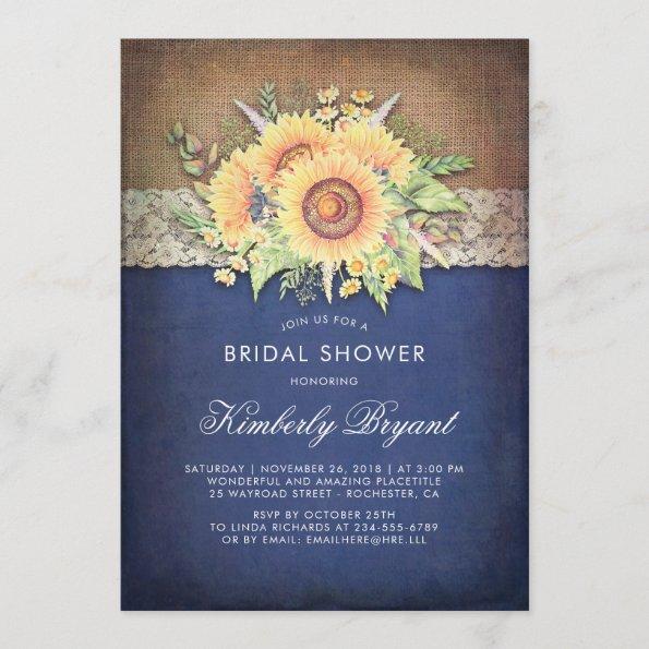 Burlap Lace Sunflower Navy Rustic Bridal Shower Invitations