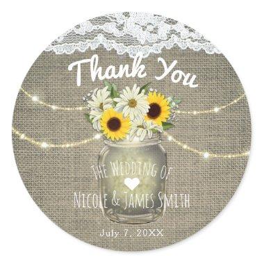 Burlap Lace Sunflowers & Daisies Mason Jar Rustic Classic Round Sticker