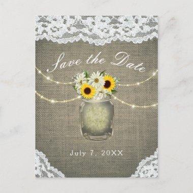 Burlap Lace Sunflowers Daisies Mason Save the Date Announcement PostInvitations