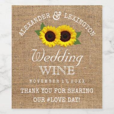 Burlap Look and Sunflowers Rustic Country Wedding Wine Label