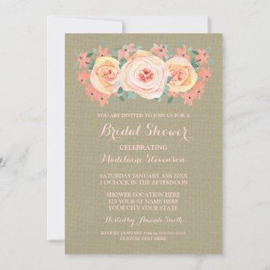 Burlap Peach Watercolor Floral Bridal Shower Invitations