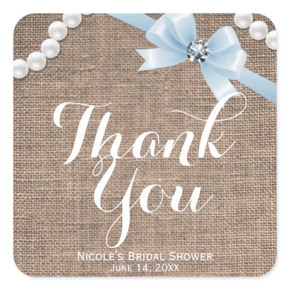 Burlap & Pearls Blue Bow Glamour Party Favor Square Sticker
