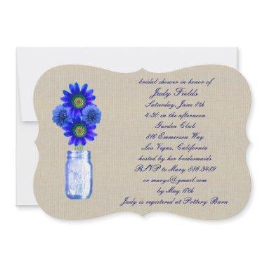 Burlap Rustic Blue Mason Jar  Invite