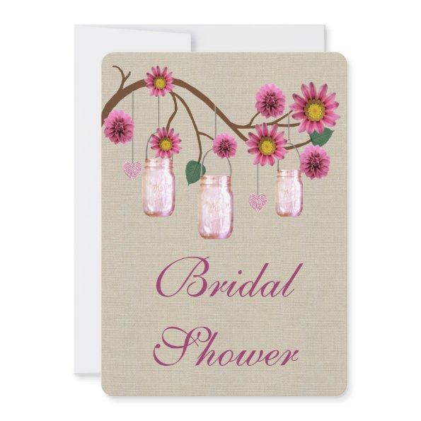 Burlap Rustic Pink Mason Jars  Invite