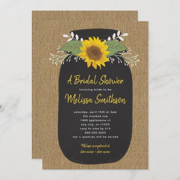 Burlap Sunflower Chalk Mason Jar Bridal Shower Invitations
