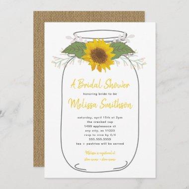 Burlap Sunflower Mason Jar Bridal Shower | white Invitations